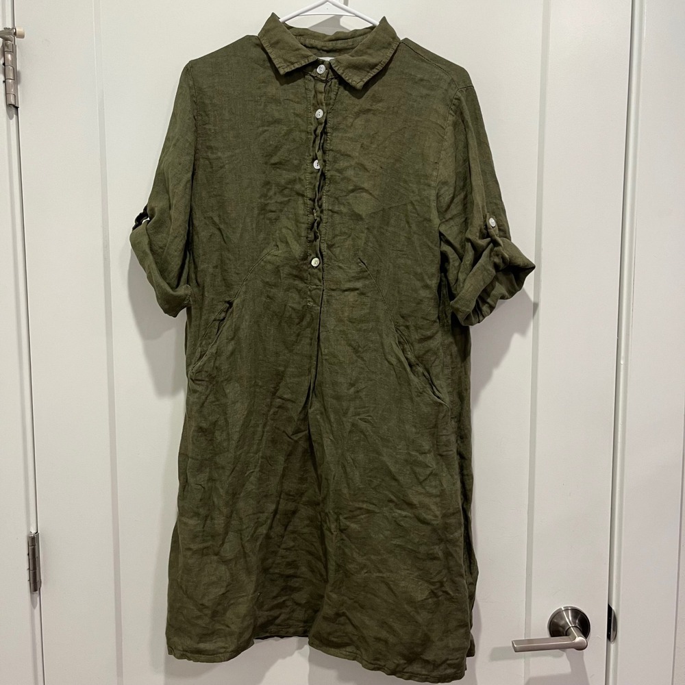 Elena Baldi Olive Green 100% Linen Shirt Dress Made in Italy Size M 6325
